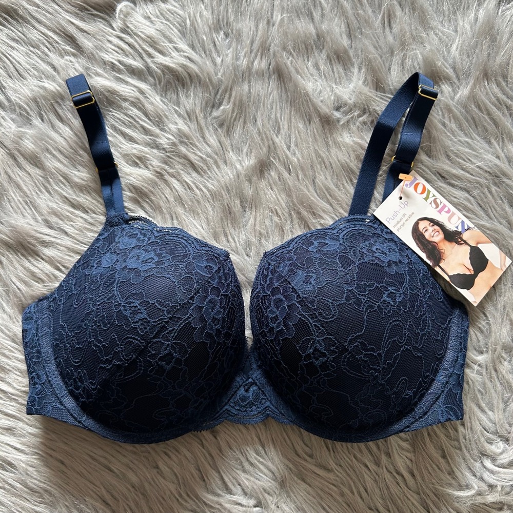 Joyspun Push Up Bra Womens Size 36D Blue Floral Lace Padded Underwire‎